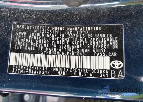 2018 Toyota Corolla Le z USA, uszkodzony, nr VIN 5YFBURHE6JP761043